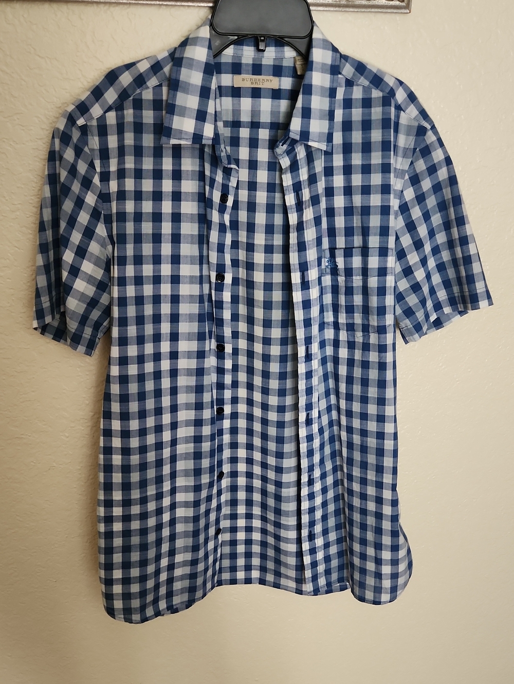 Burberry Brit Mens Blue and White Gingham Short-Sleeve Button-Down Shirt Size S